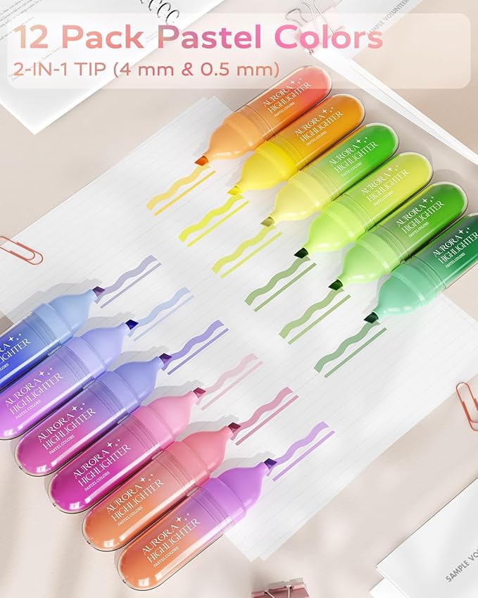 Four Candies 12 Pcs Highlighters Assorted Colors, Cute Pastel Highlighter Set, Dry Quickly, Soft Chisel Tip, No Bleed Highlighter, Aesthetic Highlighters fo Purple Christmas Gifts