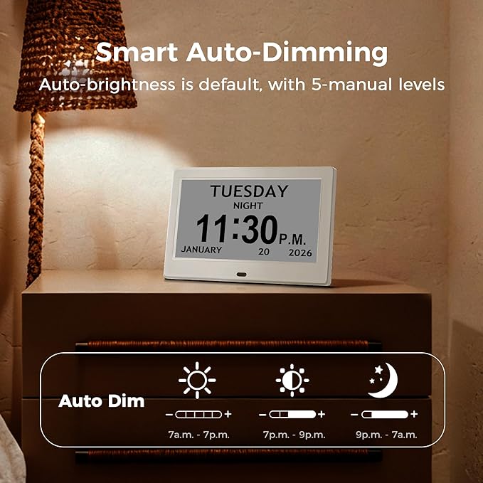 7'' Digital Clock, Dementia Clock With Date And Time, 10 Reminders, 6 Alarms, Auto-Dimming, Auto DST, Remote Control, Large Display Alarm Clock For Seniors, Gifts For People With Dementia, White