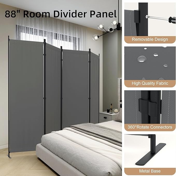 Kecreque Privacy Screen Room Divider as Dressing Screen 4 Panel Wall Room Divider with 3 Wider Feet Portable Wall 6FT Partition Wall for Office Dining Room Children's Separate Rooms,Grey