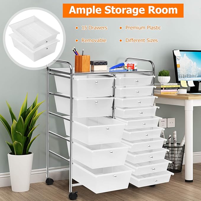 GLACER 15 Drawers Rolling Cart, Storage Cart with w/Removable Drawers & Steel Frame, Multipurpose Organizer Cart w/Sleek Handle, Utility Cart on Lockable Wheels for Home, School, Office (Clear)
