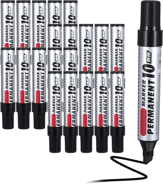 AojSup 20 Pack Jumbo Size Permanent Markers Bulk Permanent Markers Set Chisel Tip Pens Waterproof for Industrial Use Work on Wood Metal Plastic Stone Glass (Black)