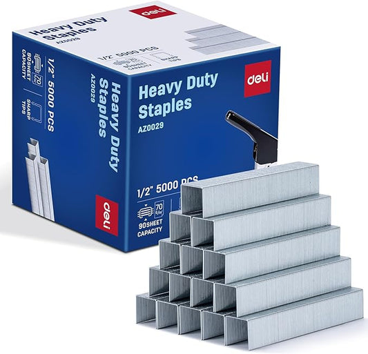 Deli Staples, Premium Heavy Duty Staples for Heavy Duty Staplers, 1/2'' Length, 90 Sheet Capacity, 100/Strip, 5000/Box