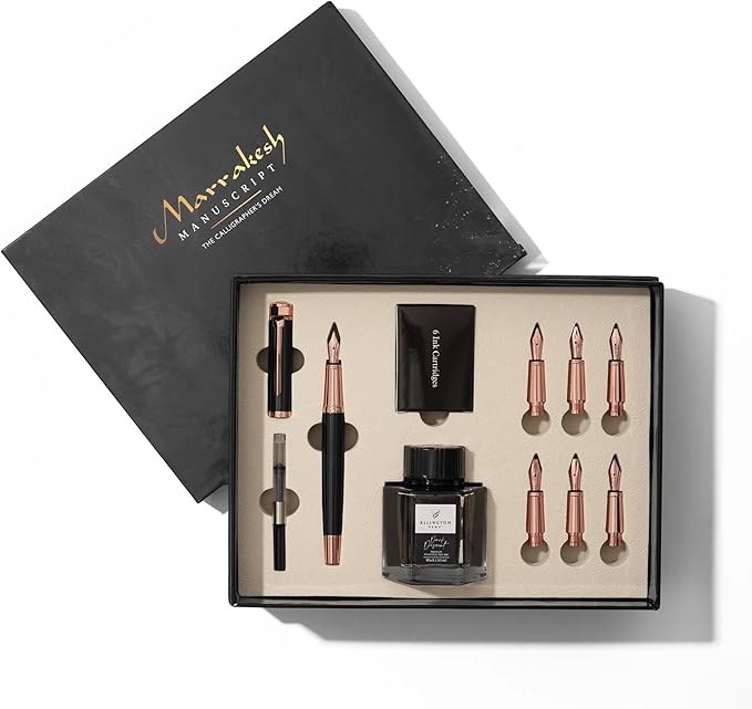 Ellington Pens Luxury Calligraphy Set - Premium Fountain Pen with 6 Nibs, 50 ml Black Ink Bottle, 6 Cartridges, Converter, Elegant Gift Box – Perfect for Drawing, Writing, Gifting (Midnight Rose)