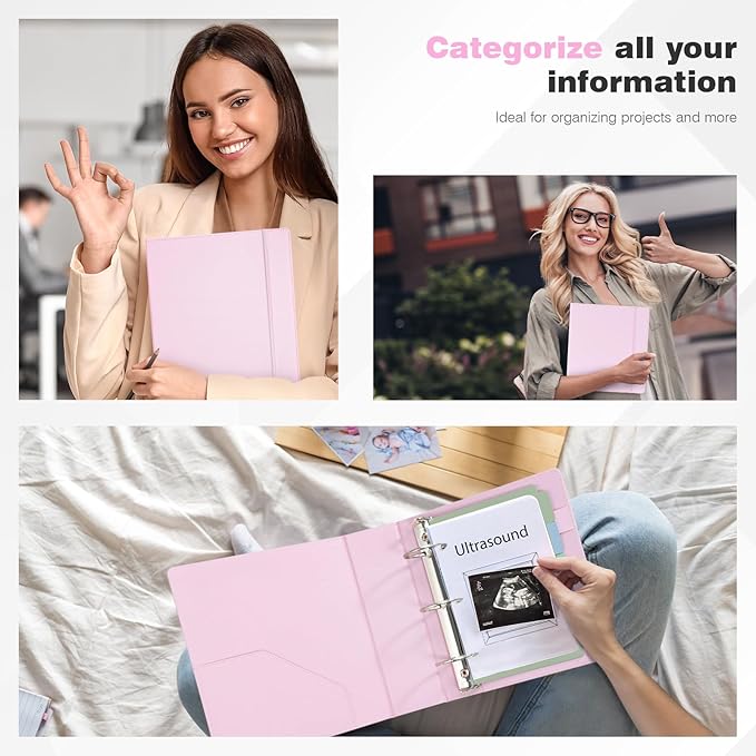 Ospelelf Leather Mini Binder Vintage Hardcover 2 Inch Rings, Professional Small 3 Ring Binders Organizer Suitable for 5.5" x 8.5" Documents, Binder Dividers with Tabs, Pink