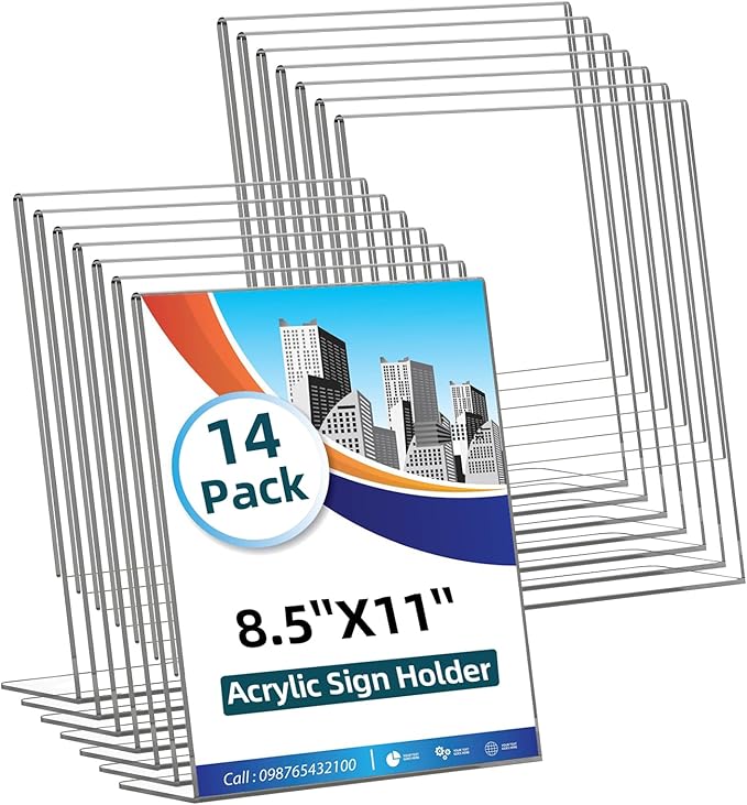 14 Pack Acrylic Sign Holder 8.5x11 Inches, Clear Tabletop Plastic Paper Display Stand, L-Shape Vertical Menu Holder Stand, Photo Picture Frame Flyer Display Stand for Restaurants, Store,Office Desktop