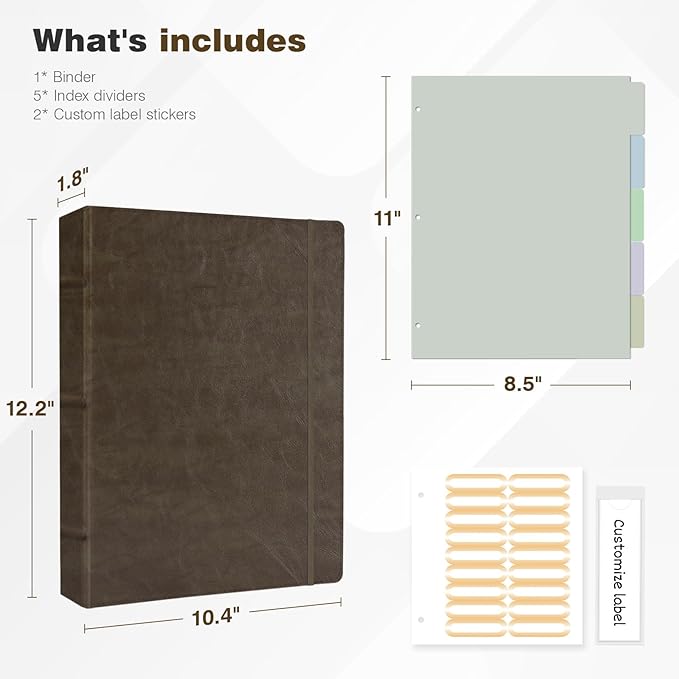Ospelelf Vintage Hardcover 3 Ring 1 inch Leather Binder, Professional Binders Organizer Suitable for Letter Size Documents, Binder Dividers with Tabs, Light Brown
