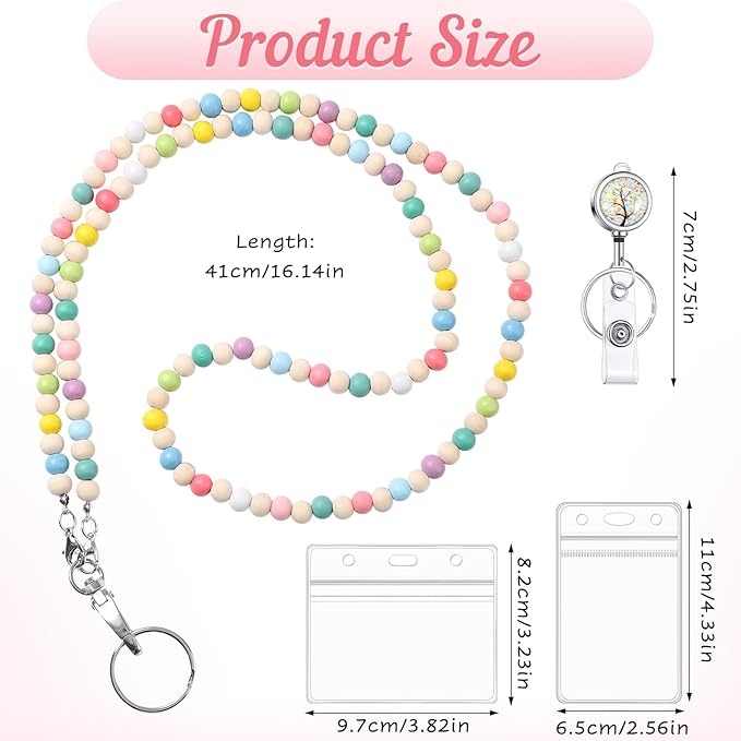 Lanyards for ID Badges Teacher Gifts Cute Wooden Beaded Lanyard with ID Holder Retractable Badge Reel Keys Eyeglass Chains for Women