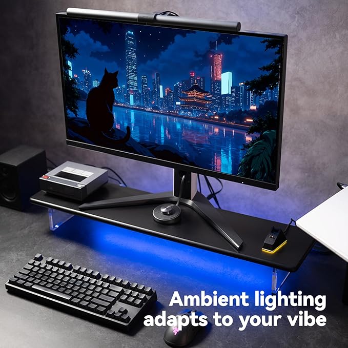 ROCDEER Bamboo Monitor Stand Riser with RGB Lights,31.5 Inches Desktop Shelf with Acrylic Legs Supports for Desk, PC Computer Monitor, Laptops, Printer, Speakers (Black)