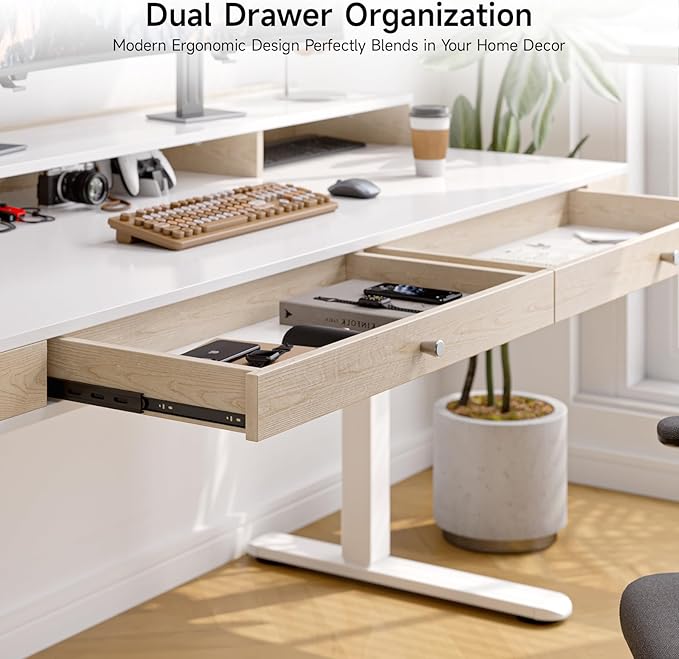 Standing Desk With Drawers, 47x23.6 Inch Electric Stand Up With Storage Shelf and Memory Controller, Adjustable Height 28-46 Inch for Computer Workstation, White