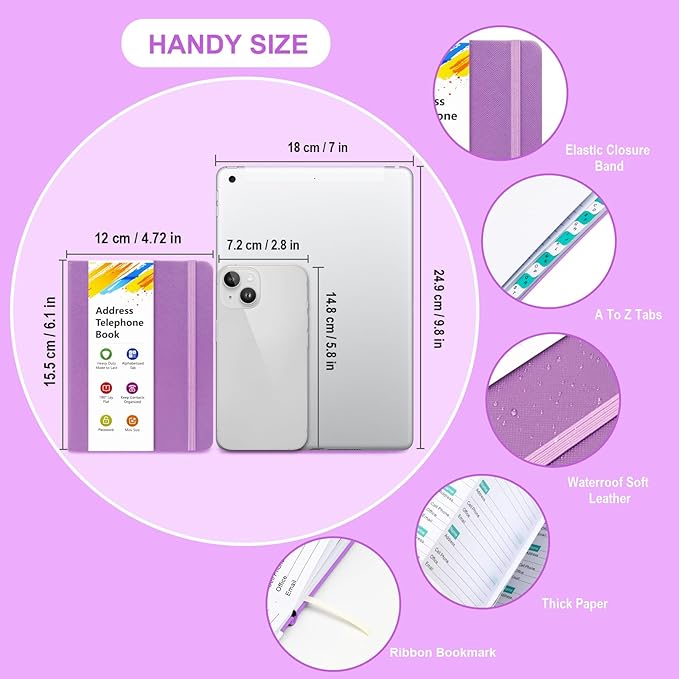BLESWIN Address Book with Alphabetical Tabs, Hardcover Address Book for Record Contacts, Small Address Book to Store All Your Important Informations in One Place, 6.1x4.7" – Purple