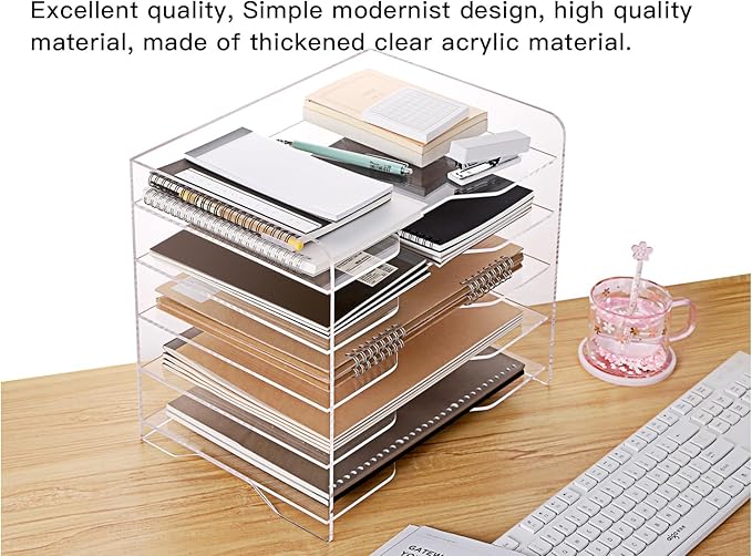 HeZone Acrylic Paper Letter Tray Organizer, 5 Tiers, Transparent, Modern, Rectangular, Stackable, Office