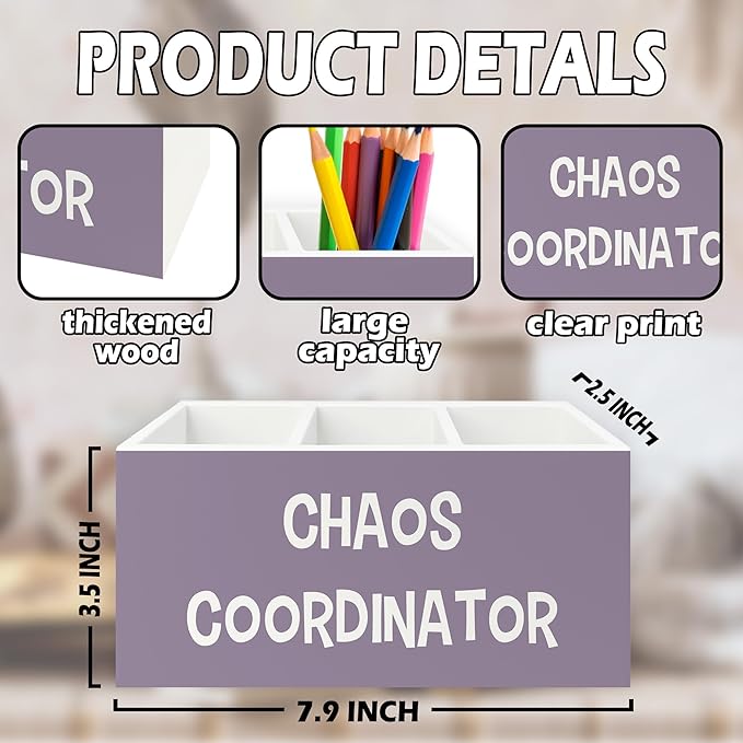 XPH Chaos Coordinator Purple Pen Pencil Holder Organizer for Desk, Thank You Gifts for Women Men Coworkers Boss Leader Manager, Appreciation Gifts Wooden Box Sign for Office Tabletop Decorations