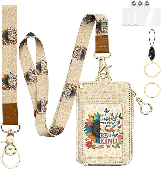 bolimoss Lanyard Wallet with Be Kind Sunflower Badge Holder, RFID ID Card Holder with Detachable Phone Lanyard Wrist Strap, Cute Small Keychain Wristlet Wallet with Zipper Pocekt, Name Tag Holder