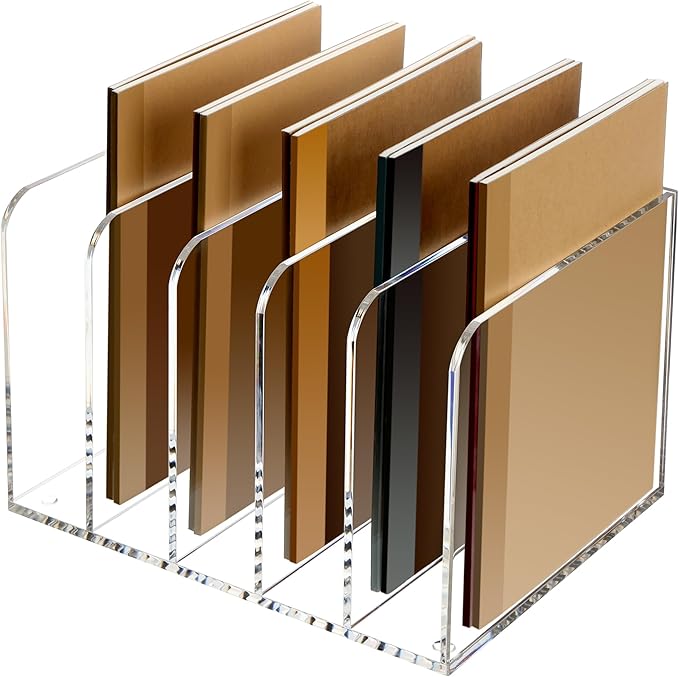 SANRUI Acrylic File Organizer, Clear Magazine File Holder Desk Organizer for Office Organization and Storage with 5 Vertical Compartments, Desktop Bookshelf for Home Office Organization