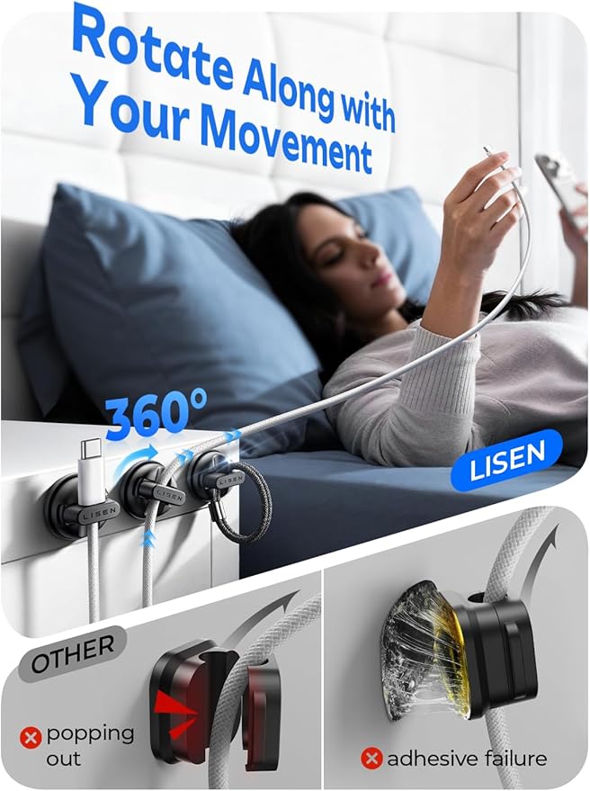 6-Pack Rotatable Cord Holder for Nightstand, LISEN 360°Rotating Magnetic Clips, No-Residue Strong Adhesive Cord Organizer for Desk, Phone Cord Holder for Home, Car, Office Desk Accessories