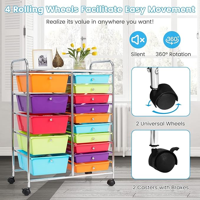 LDAILY 15 Drawer Rolling Storage Cart, Rolling Cart with Drawers for Classroom, Art Supply Craft Organizer on Wheel with Metal Frame & Handles for Home Office School