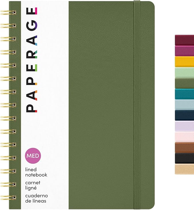 PAPERAGE Lined Spiral Journal Notebook, (Olive Green), 160 Pages, Hardcover Journal for Women & Men, Medium 5.5 in x 8 in - 100 GSM, Thick Paper, Spiral Notebook for Work, School & Journaling