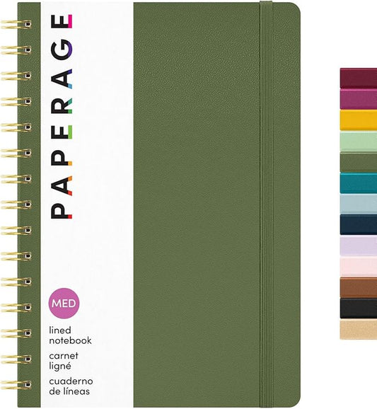 PAPERAGE Lined Spiral Journal Notebook, (Olive Green), 160 Pages, Hardcover Journal for Women & Men, Medium 5.5 in x 8 in - 100 GSM, Thick Paper, Spiral Notebook for Work, School & Journaling