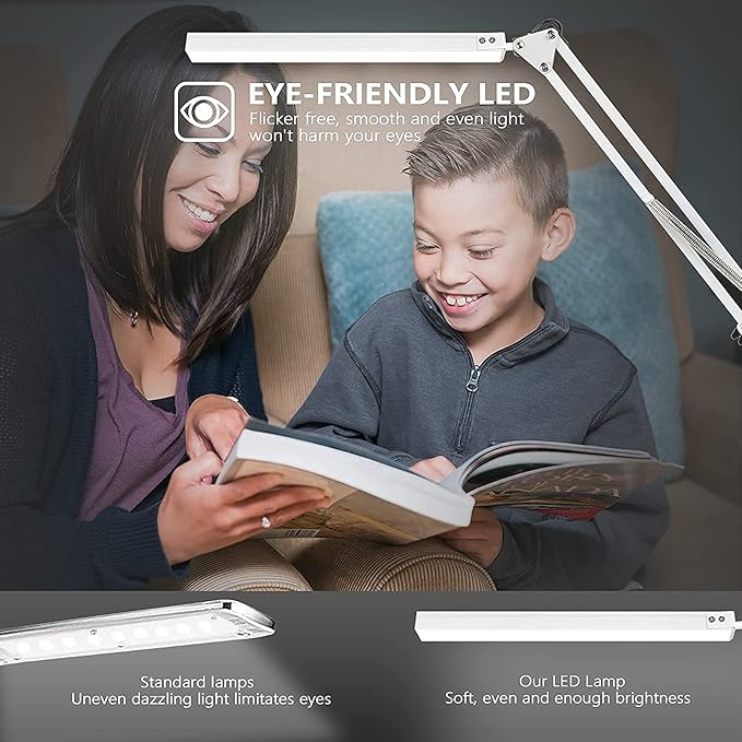 BZBRLZ LED Desk Lamp, Manicure Table Lamp, 16" Lamp Head, Dimmable Eye-Caring Drafting Light with 3 Color Modes, 10 Brightness Levels & Adapter, Memory Function(White)