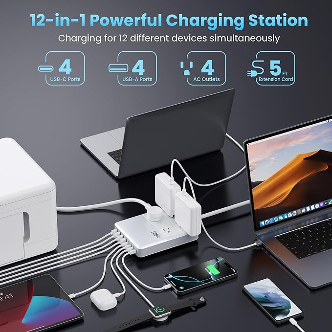12-in-1 Charging Station USB C Power Strip with 5ft Cord,200W GaN IV USB C Charger Block,4 AC Outlets,8 USB for MacBook,iPhone 16/15/14,Fast Charging Desktop Charger for Office (A-White)