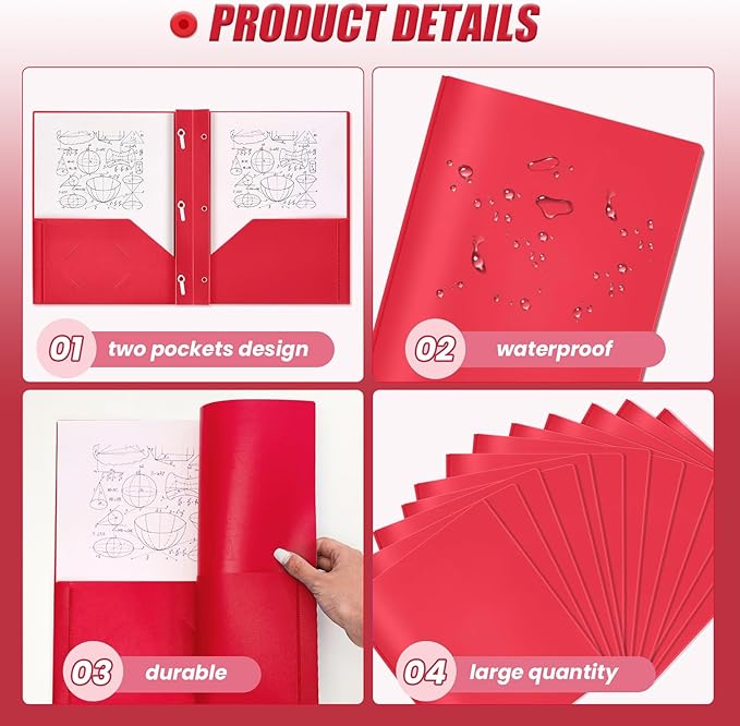 Lincia 100 Pcs Plastic Folders with Pockets and Prong Folders with Prongs 2 Pockets for Office, School for Students, Teachers, Office Workers(Red)
