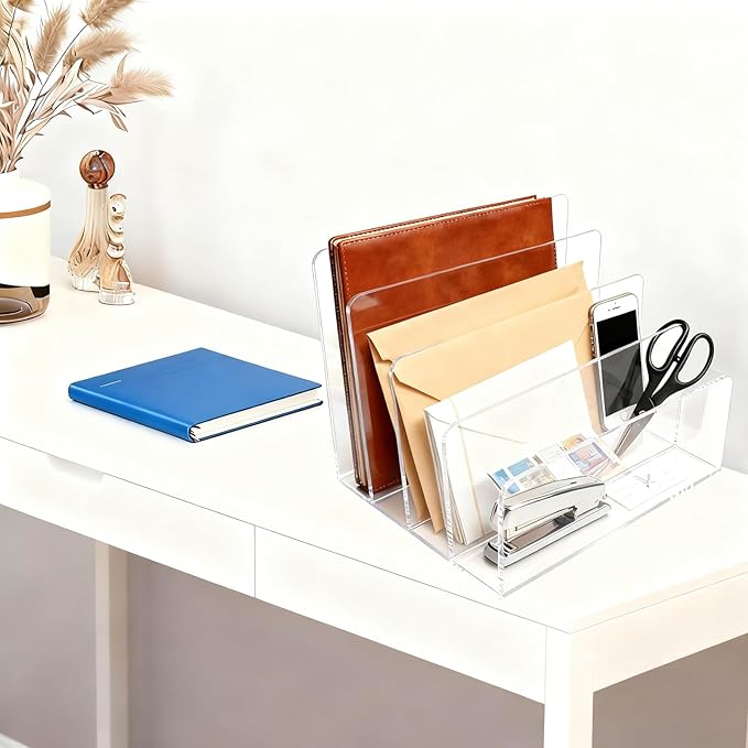 itechpanda Acrylic Mail Holder Clear File Sorter Desk Organizer Clean Desktop Vertical Desk Letter Sorter with 5 Compartments for Office Home Envelope Bill Document Notebook File Paper (Large)