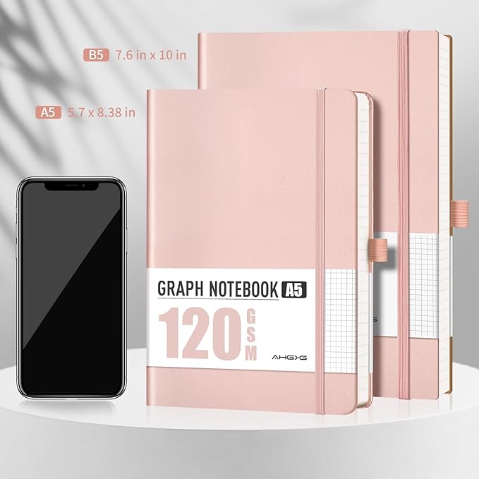 AHGXG Graph Paper Notebook - Grid Notebook Journal, 120 GSM Thick Graph Paper, Large B5 Notebook 96 Pages, Leather Softcover, for Graphing, Writing, Math, Engineering, 7.6'' X 10'' - Rose Gold