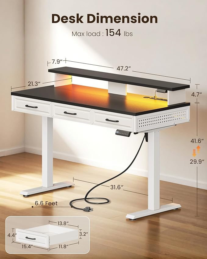 OffiGo Electric Standing Desk with 3 Wooden Drawers, 48 Inch Height Adjustable Desk with Power Outlets & LED Lights, Black and White Sit Stand Table with Monitor Stand for Home, Office, Workstation