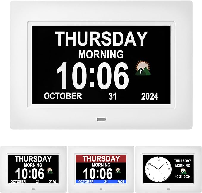 Memwake Digital Alarm Clock, Multiple Alarm Functions, Clock with Date and Day, Digital Alarm and Electronic Calendar for Seniors (White, 7 inch) (7-inch White)