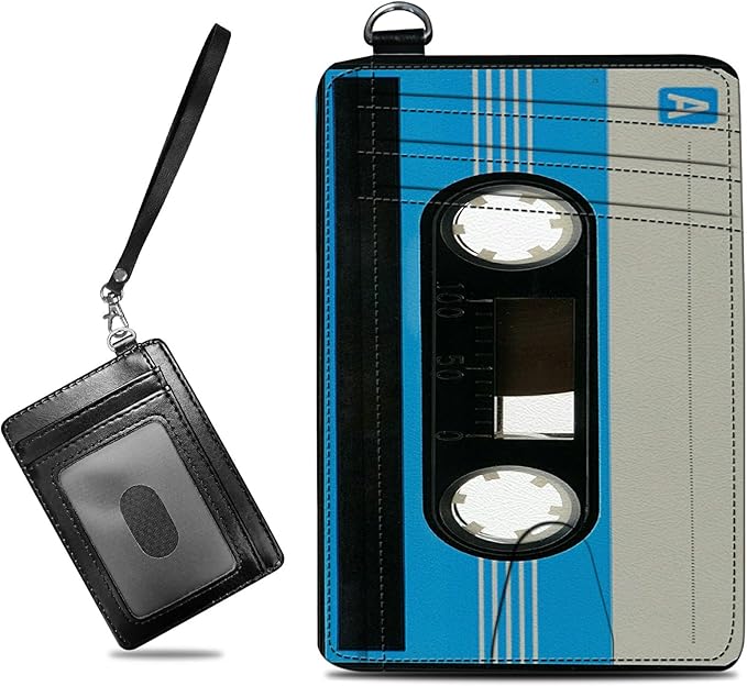 BWEGRHE Small Travel Wallets, Blue Cassette Slim Minimalist Front Pocket Wallet with Wristlet, RFID Blocking PU Leather Credit Card Holder with ID Window Change Purse for Men Women