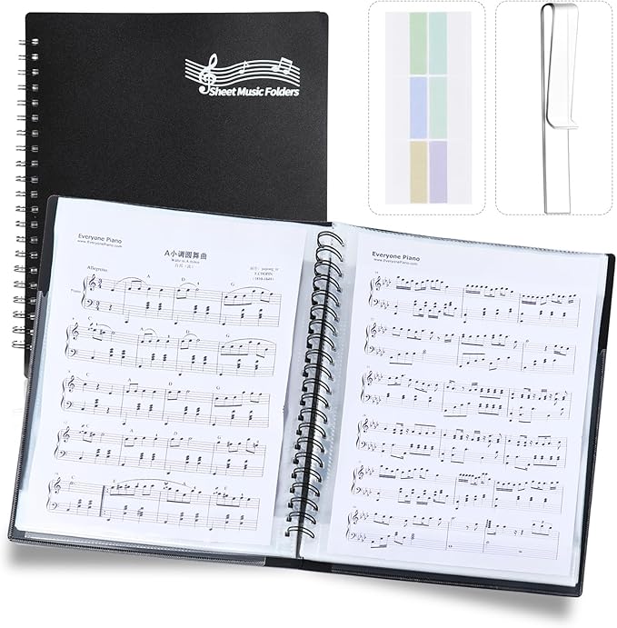 Piano Sheet Music Folder Organizer: 40 Plastic Sleeves Display 80 Pages Spiral Music Binder Organizer - Size Letter 8.5 x 11 Storage Folder for Choral Band Orchestra Choir (Black)