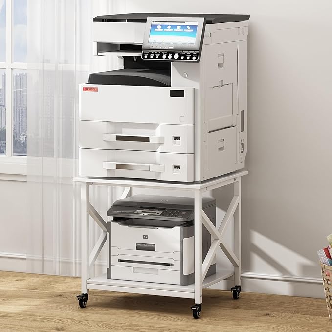 Fannova 23.6 x 23.6 Inches Large Printer Stand, 2 Tier Square Printer Table with Storage Shelf for Home Office, Multi-use Rolling Cart with Wheels for Laser, 3D Printer and Mini Fridge - White