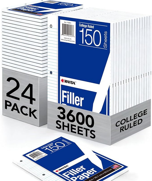 Kaisa Notebook Paper 24 Pack 8x10.5 3600 sheets College Ruled Loose Leaf Paper Filler Paper for 3-Ring Binder Paper 150 Sheets/Pack Notebook 3-Hole Punched Lined Paper(24Pack-college)