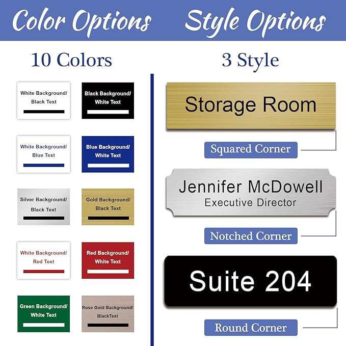Custom Office Engraved Name Plate for Door or Wall Sign, Personalized Door Name Plate for Office with Adhesive, Laser Engraving, 10 Colors Available, 3 Styles (2" x 8")