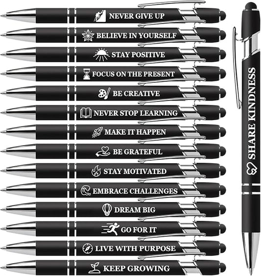 Vebermo 15 Pack Motivational Pen Set - Inspirational Quotes Retractable Ballpoint Pens for Office School Supplies, Encouragement Gifts for Women Men, Black