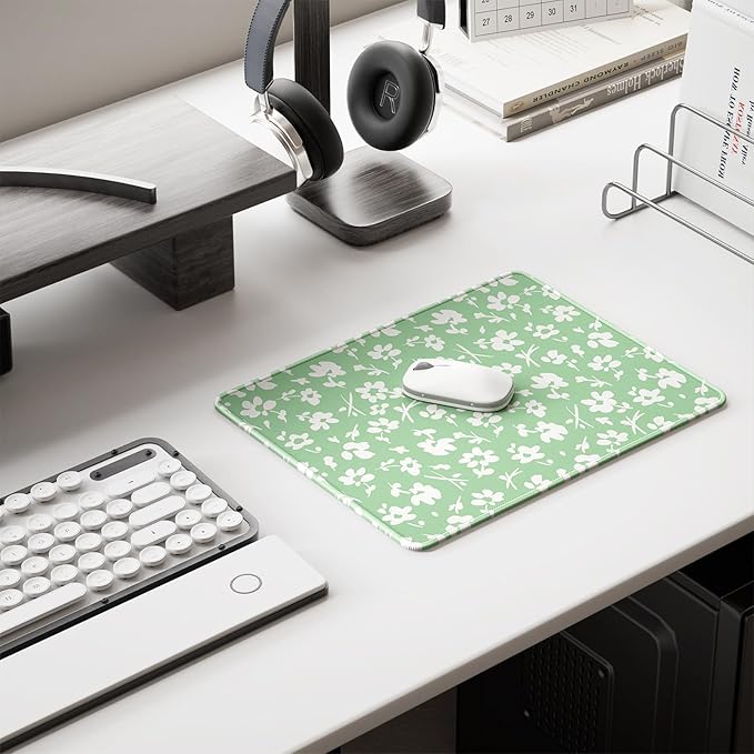Auhoahsil Mouse Pad, 12 x 10 in Simple Flower Theme Computer Mouse Pad for Desk, Premium-Textured Non-Slip Rubber Stitched Edges Waterproof Square Mouse Mat for Gaming Work Wireless Mice, Green