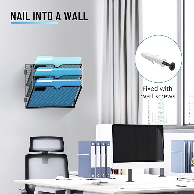 SUPEASY 3-Tier Wall File Holder Organizer with Hooks, Mesh Hanging File Organizer, Mail Organizer Wall Mounted for Papers, Folders, Office Magazine Rack, Black