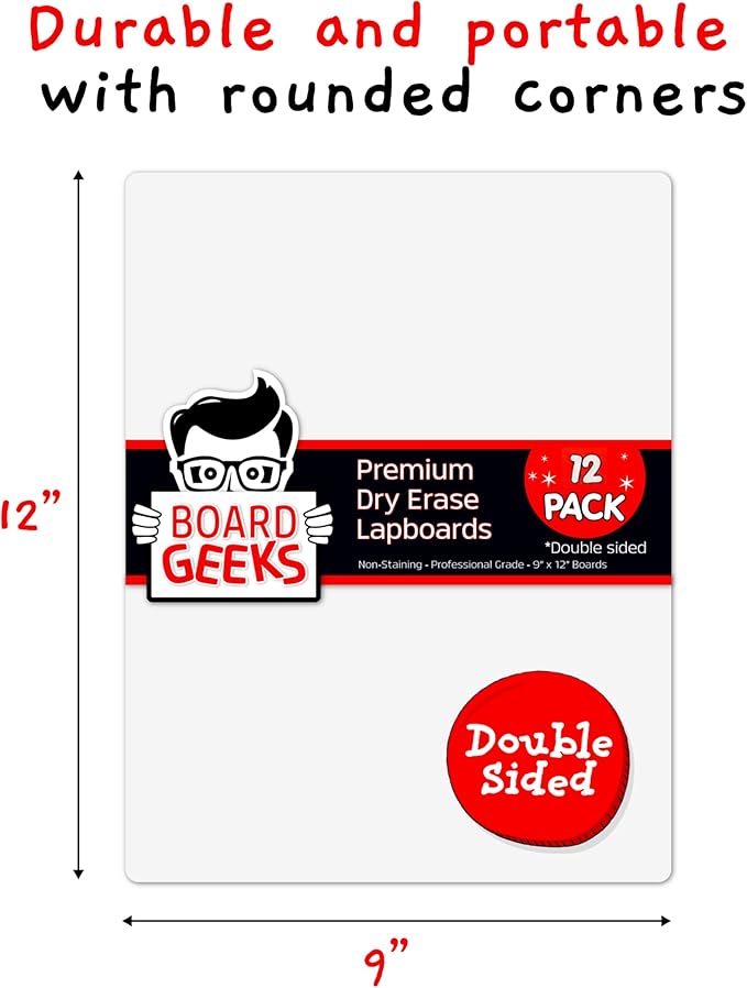 Board Geeks Bigtime 12 Pack 9x12 Classroom Whiteboards for Kids - Small Double-Sided White Board - White Boards Bulk Set, Classroom Essentials - Magnetic Dry Erase Boards for Students, Teacher
