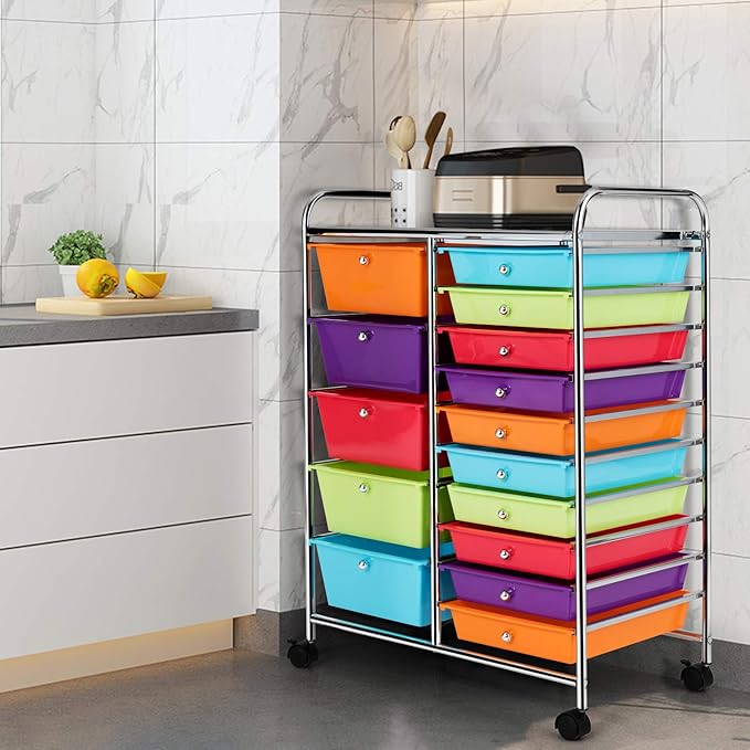 HAPPYGRILL 15-Drawer Rolling Cart, Storage Carts with Removable Drawers & Steel Frame, Utility Cart on Lockable Wheels for Home, School, Office,Multicolorful