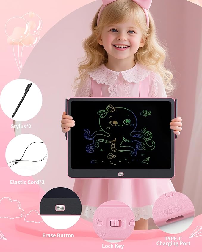 Rechargeable LCD Writing Tablet for Kids, 16 Inch Colorful Drawing Tablet, Educational Toddler Drawing Pad, Reusable Learning Toys for Kids (Ages 3-12), Ideal Gift for Christmas Birthday (Pink)