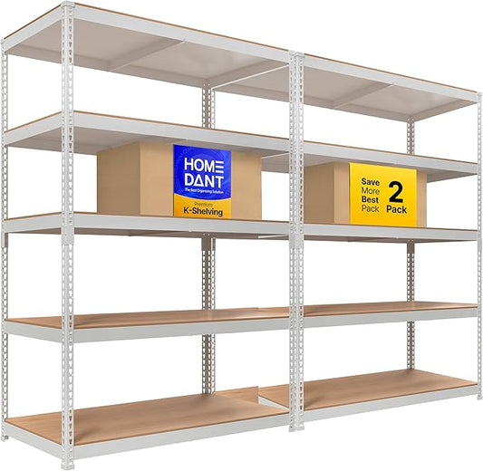 HOMEDANT 5 Tier Storage Shelves Adjustable Laminated Boltless Garage Metal Shelving Unit Heavy Duty Utility Rack Shelf Warehouse Pantry Closet Kitchen (2, (XL Deep) 48.1" W, White)