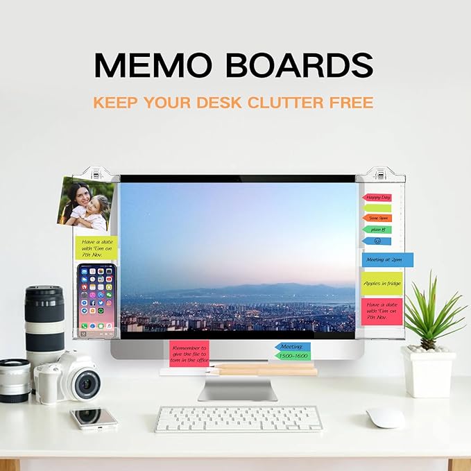 Monitor Memo Boards for Computer, Upgrade Transparent 3 PCS (Left & Right & Bottom) Multifunction Screen Message Reminder Pad Side Panel Phone Holder Organizer for Office Desktop, with Pen Sticky Note