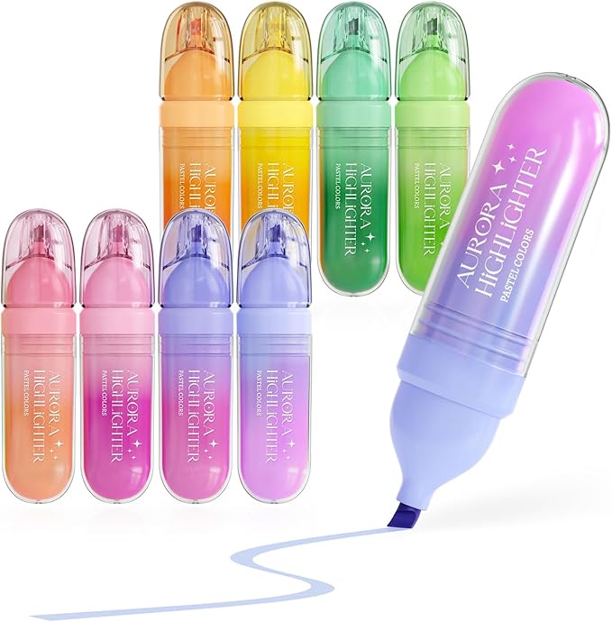 Four Candies 8 Pcs Highlighters Assorted Colors, Cute Pastel Highlighter Set, Quick-Dry, Soft Chisel Tip, No Bleed Highlighter, Aesthetic Highlighters for Christmas
