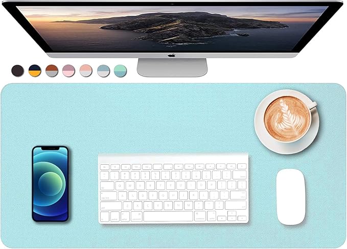 SUJAYU Dual Sided PU Leather Desk Pad, Mouse Pad, Office Desk Mat, Non-Slip Laptop Desk Pad, Waterproof Desk Writing Pad for Office and Home (23.6" x 11.8", Light Blue+Sliver)