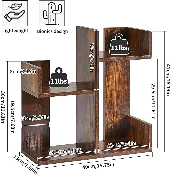 Aibiju Book Display Shelf Small Desk Organizer, Desk Top Storage Organizer, Cookbook Storage Kitchen Counter Shelf, Tabletop Plant Shelf Stand Rustic Brown YD-DSR002H