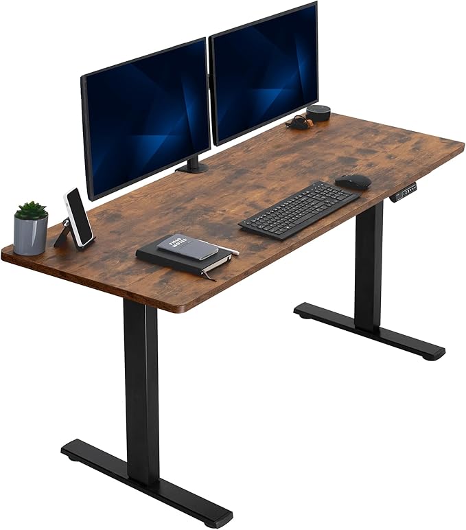 VIVO Electric 60 x 24 in Rustic Standing Desk, Memory Height Adjustment, 1B Series, Holds 220 lbs, One-Piece Vintage Brown Top, Black Frame, DESK-KIT-1B6N