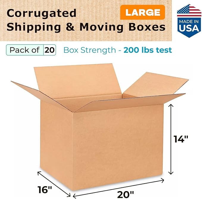 Large Shipping & Moving Boxes 20"L x 16"W x 14"H (20-Pack) - Extra Strength 200 lb vs Regular - Corrugated Durable Moving Boxes for Shipping - Large Box for Moving - Carton Box by IDL Packaging