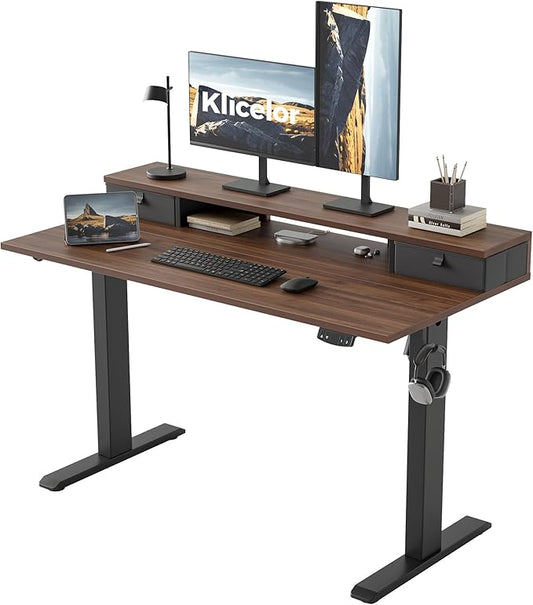 Klicelor 48 Inch Electric Standing Desk with Drawers, Adjustable Height Small Sit Stand Desk for Home Office, Compact Computer Workstation with Storage– Dark Walnut