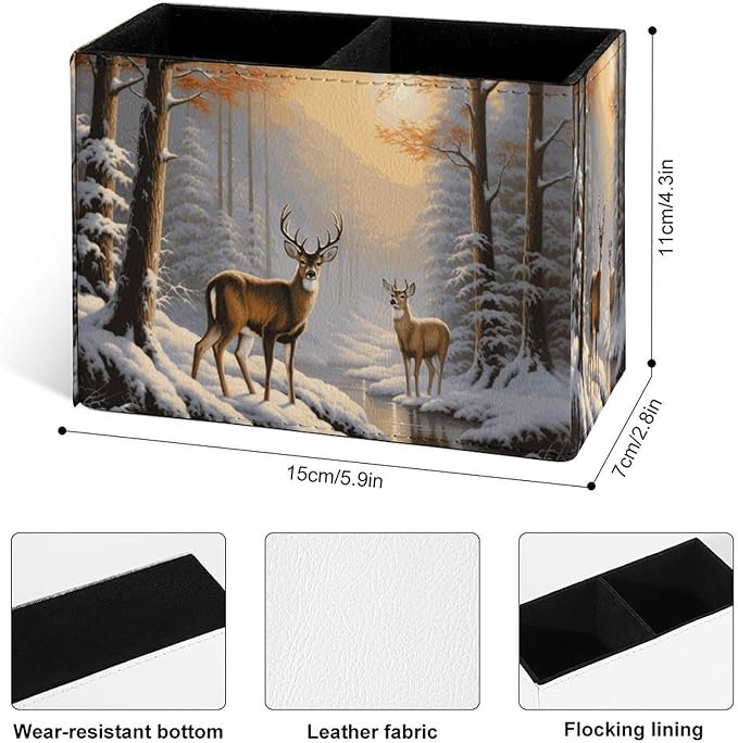 Famame Winter Wild Deer Snow Trees Pencil Holder for Desk, Leather Desktop Container Pen Cup Storage Study Table Pen Organizer Makeup Brush Holder for Classroom Office Home