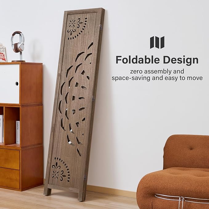 66.9Inch Wooden Room Partition - 3 Panels Boho-Styled Space Room Divider for Home/Office, Headboard & Yoga/Photo/Video Call Backdrop (Brown)